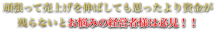 頑張って売上げを伸ばしても思ったより資金が
							残らないとお考えの経営者様は必見！！